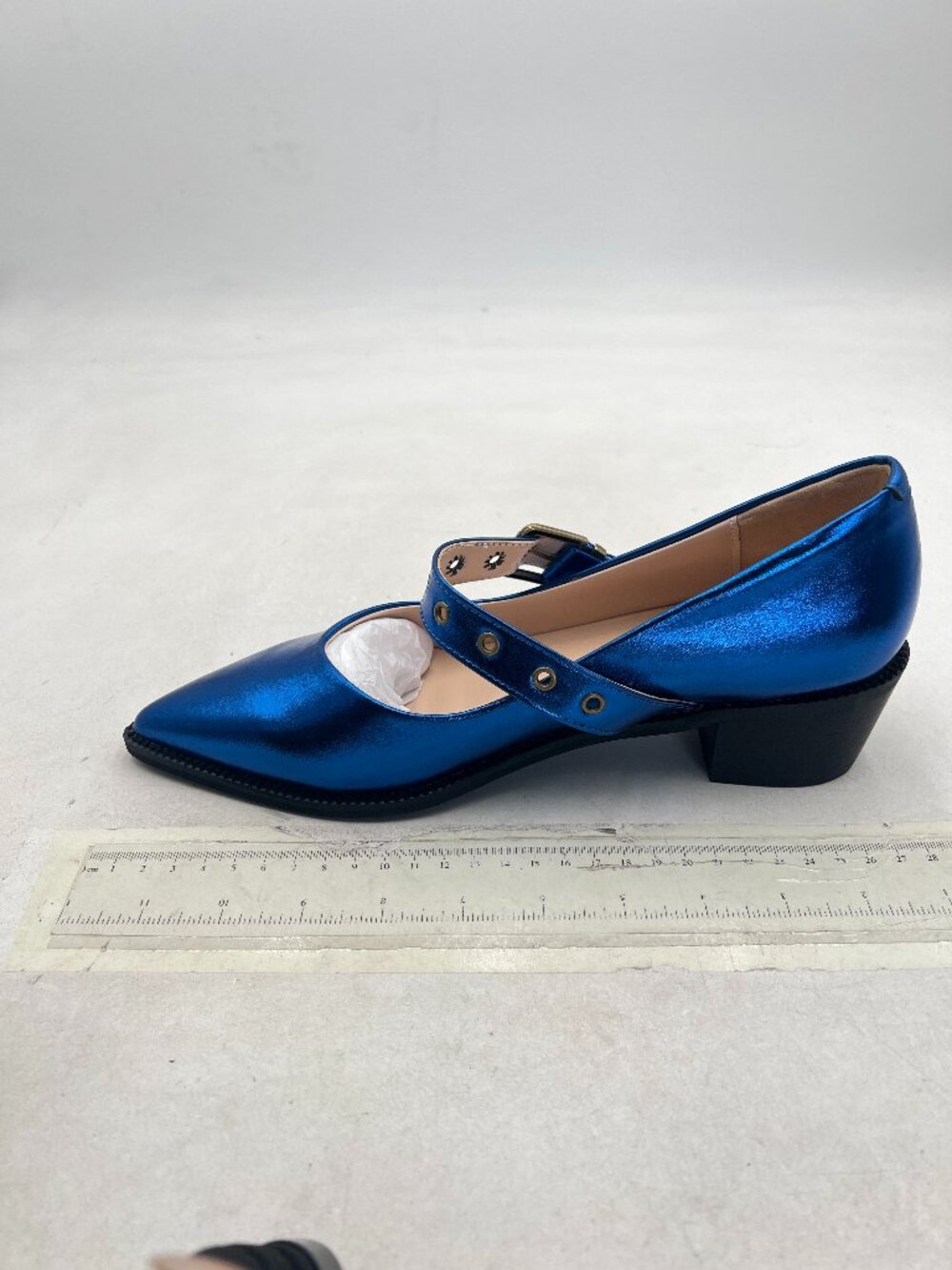 YDN Blue Pointed Toe Mary Jane Chunky Heels Loafers Hollow Buckle Pumps